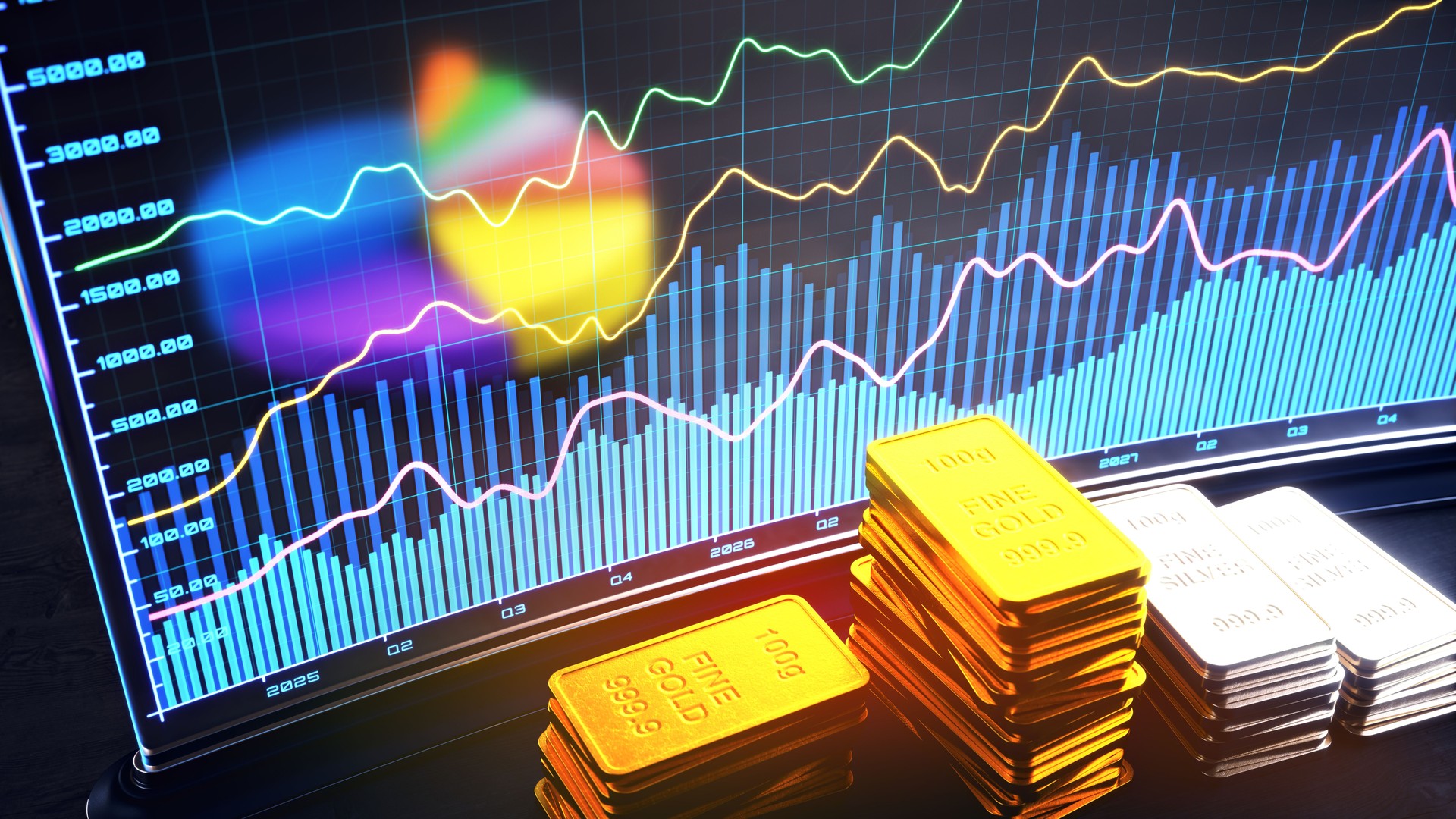 Financial display screen with gold and silver bullion